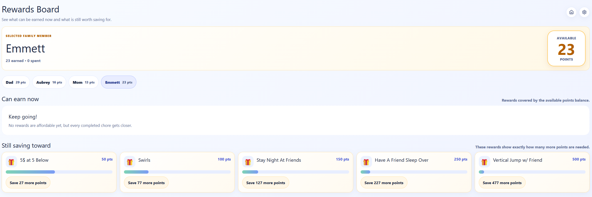 Chore Team user rewards dashboard sample showing points and reward progress.